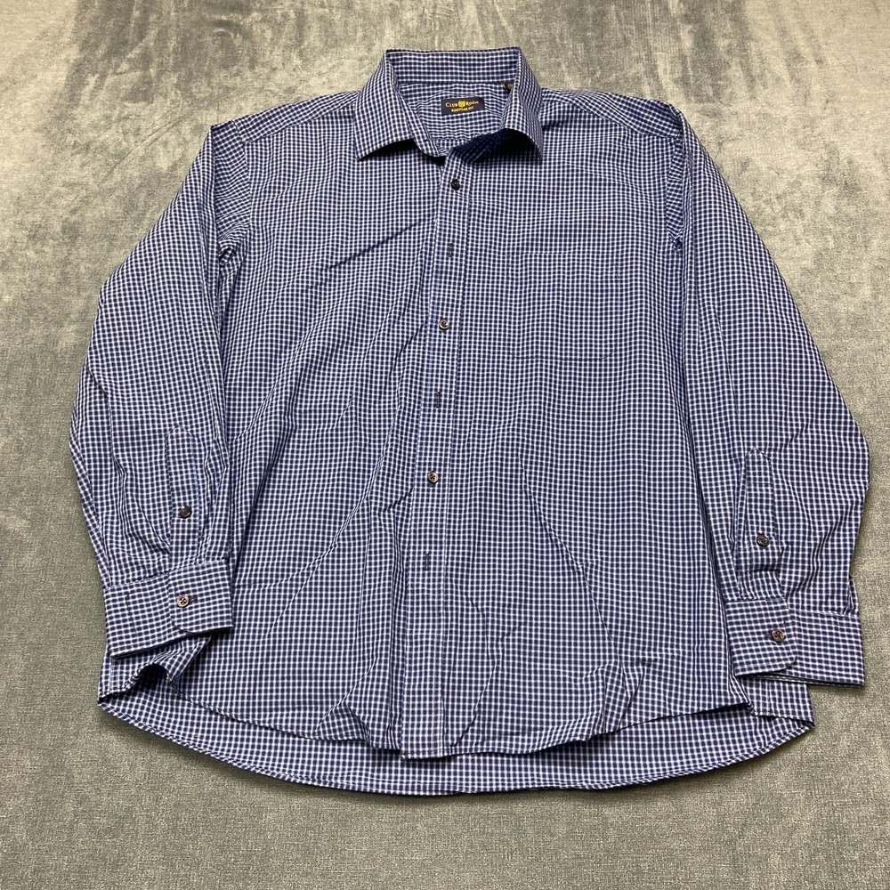 Club Room Dress Shirt Mens 17.5 Blue Graham Check Wrinkle Resistant Button Up